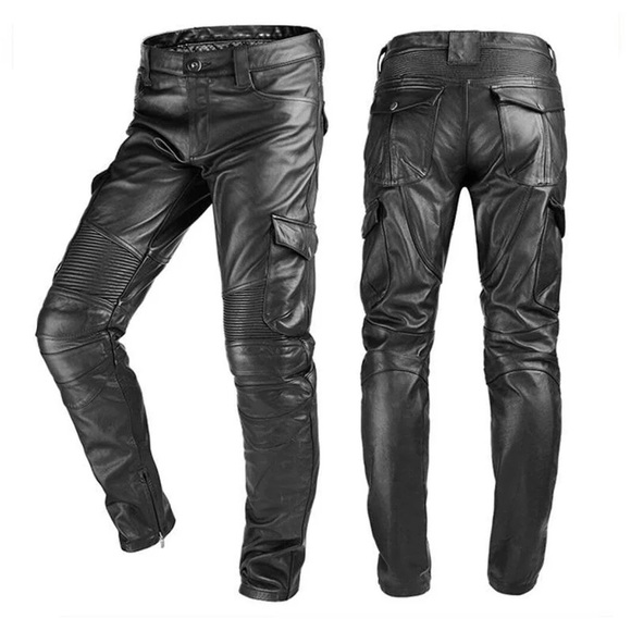 MEN CLASSIC FITTED STRETCHED RIDING BIKER MOTORCYCLE LEATHER PANTS - Picture 1 of 4